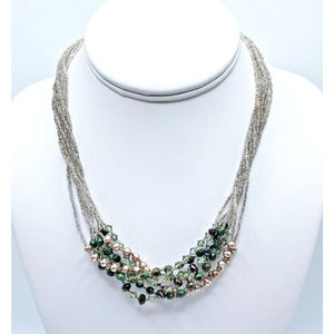 Designer Rachel Reinhardt Multi Strand Beaded Necklace Torsade Silver Green 16”